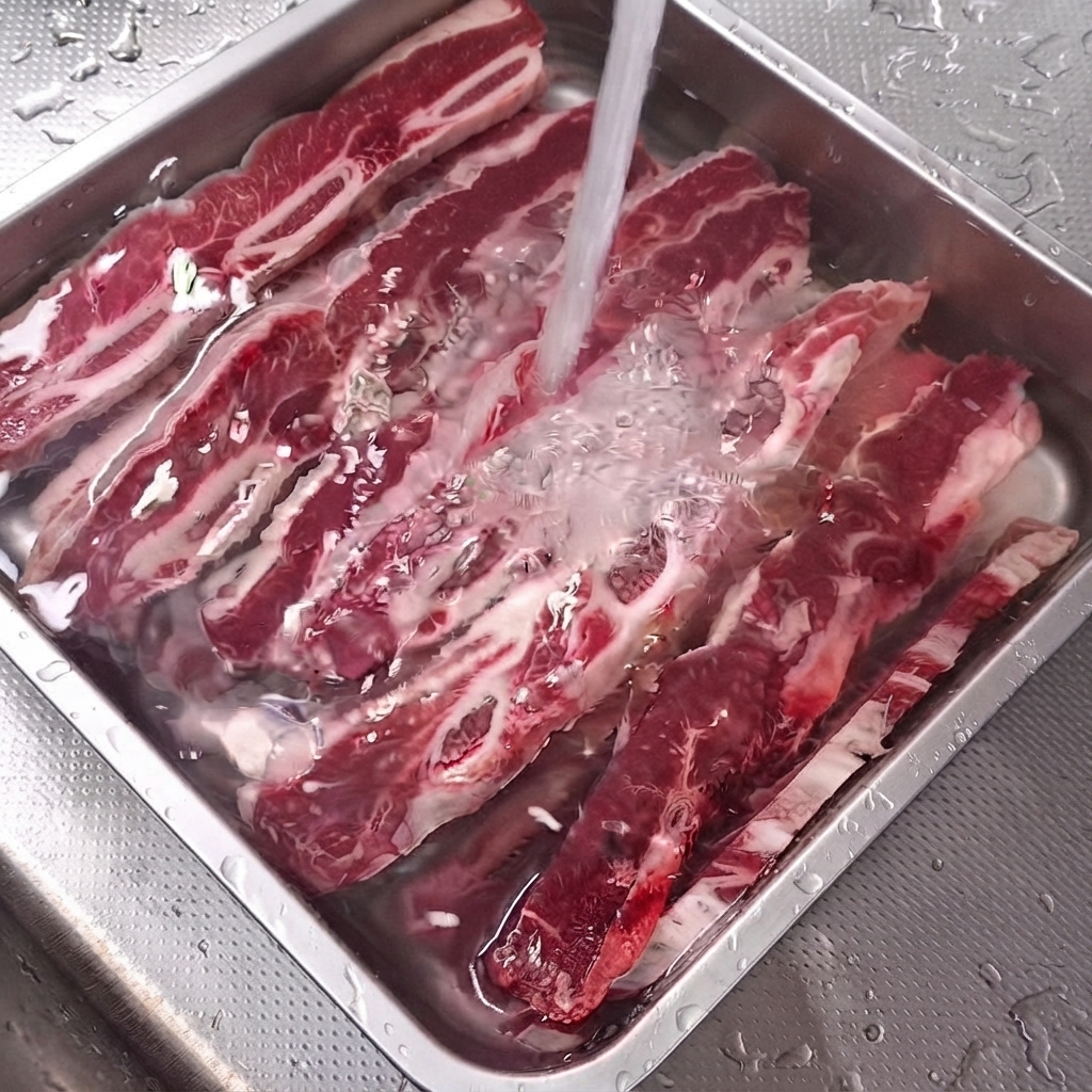 水が入ったステンレス製バットに浸かった生のLAカルビ肉。