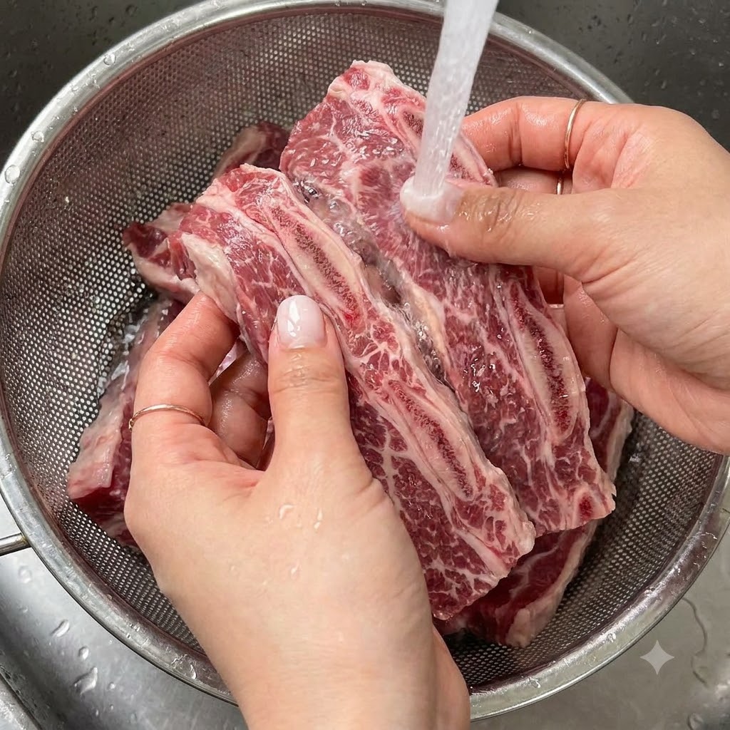 ザルに入れられた生のLAカルビが水道水で洗われている様子。