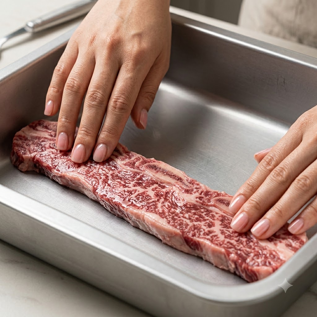 金属製保存容器に生牛肉のカルビがきれいに並べられている様子。