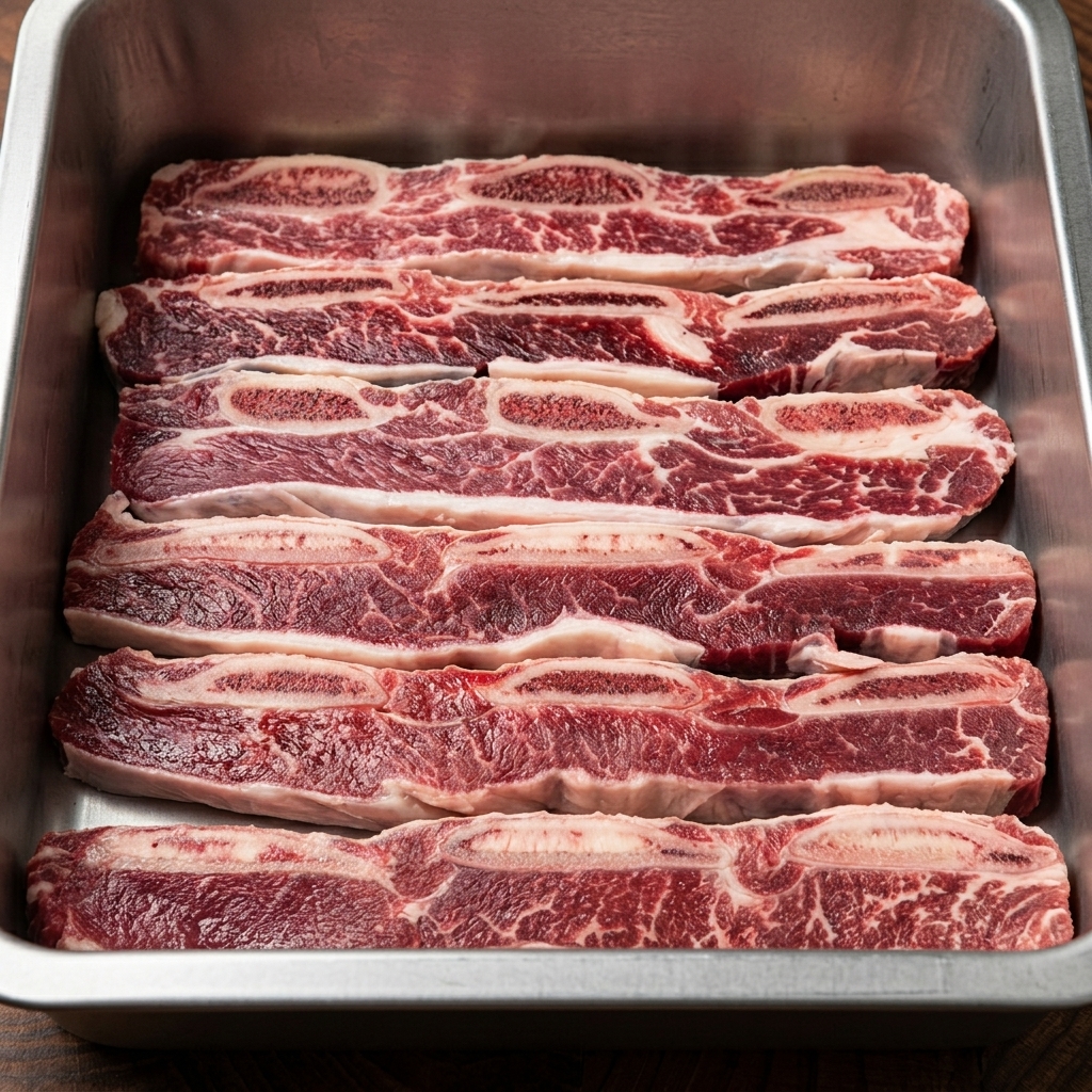 金属容器に並べられたお肉の上からタレがかけられている様子。