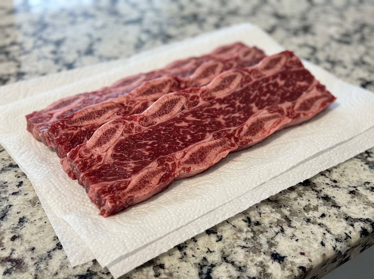 調理台の上の清潔なキッチンペーパーの上に並べられた新鮮な牛カルビ。
