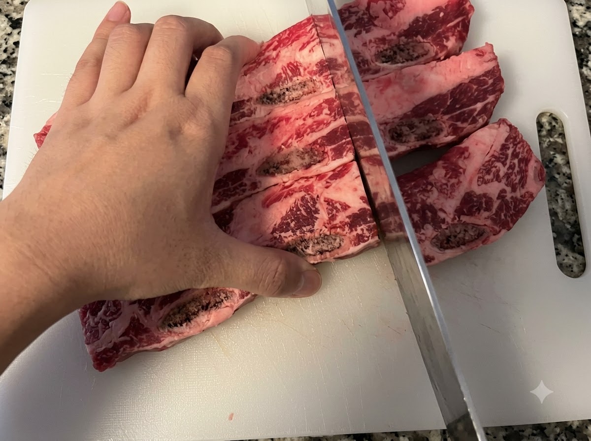白いまな板の上で、ナイフを使って生牛肉のカルビをスライスしている手。