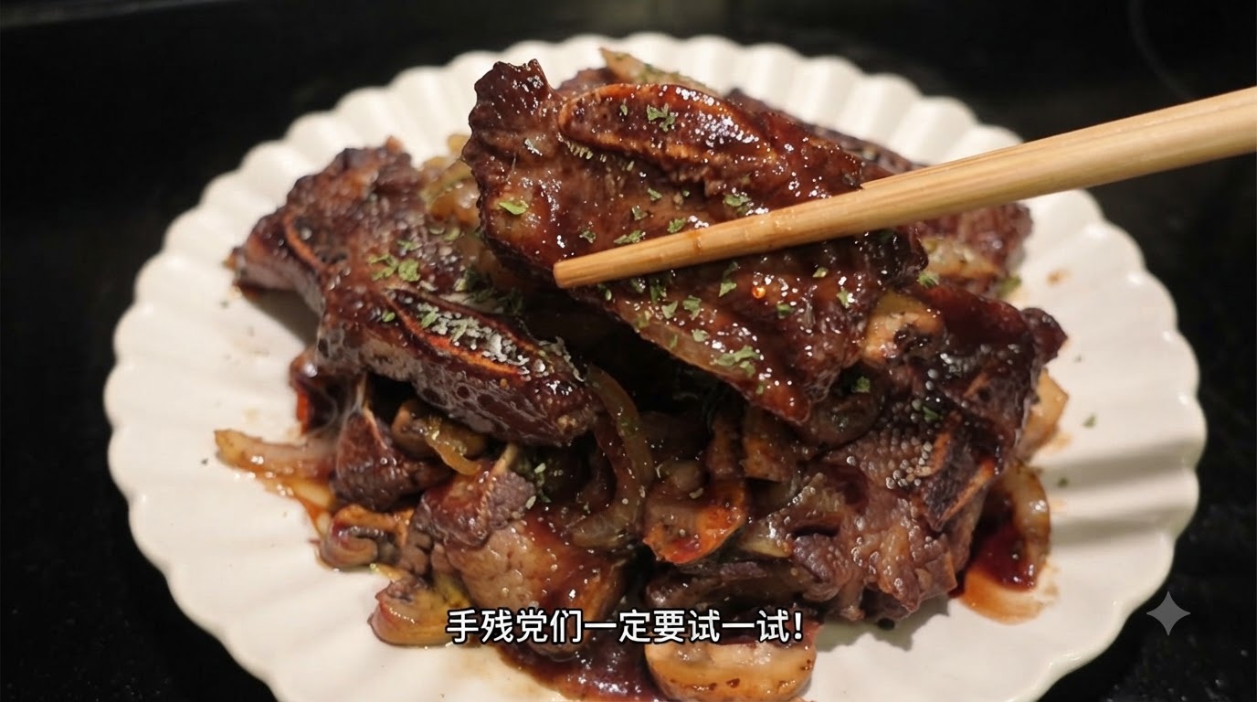 旨味たっぷりのソースが絡み、玉ねぎ、きのこ、ハーブがトッピングされた、艶やかに輝く韓国風牛カルビの皿。