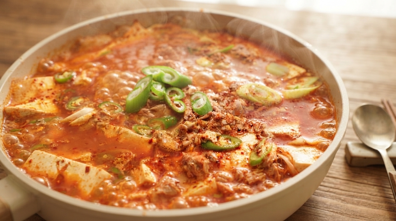 浅めの鍋でグツグツと煮込まれる韓国風豆腐の煮込み。厚切りの豆腐とツナの塊が鮮やかな赤いスープに入っており、仕上げに青唐辛子が散りばめられています。