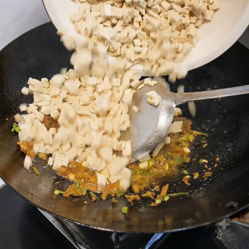 白いボウルから、炒めた香味野菜とラードが入った中華鍋にサイコロ状の豆腐を入れている様子。