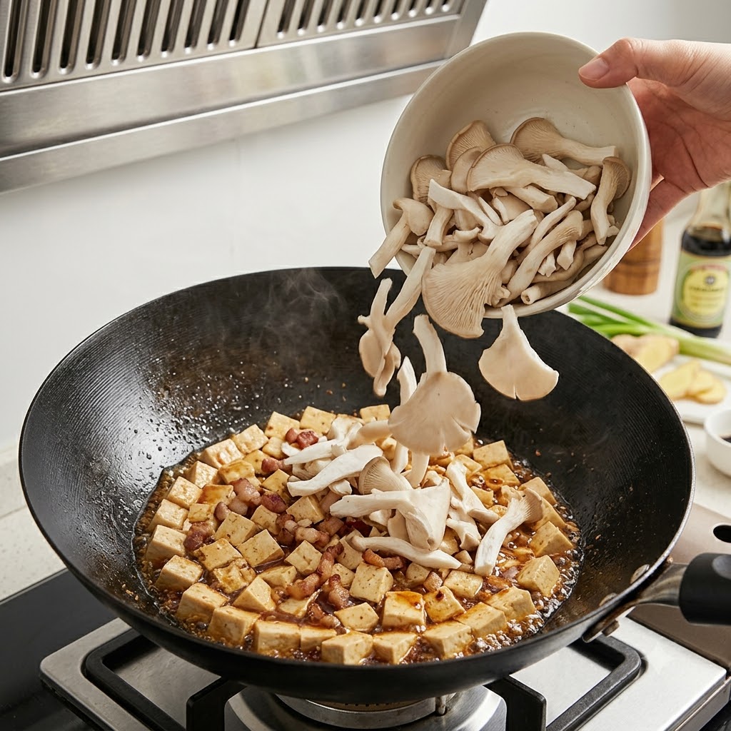 豆腐と豚肉の入った中華鍋に、ボウルからスライスしたひらたけを入れている様子。