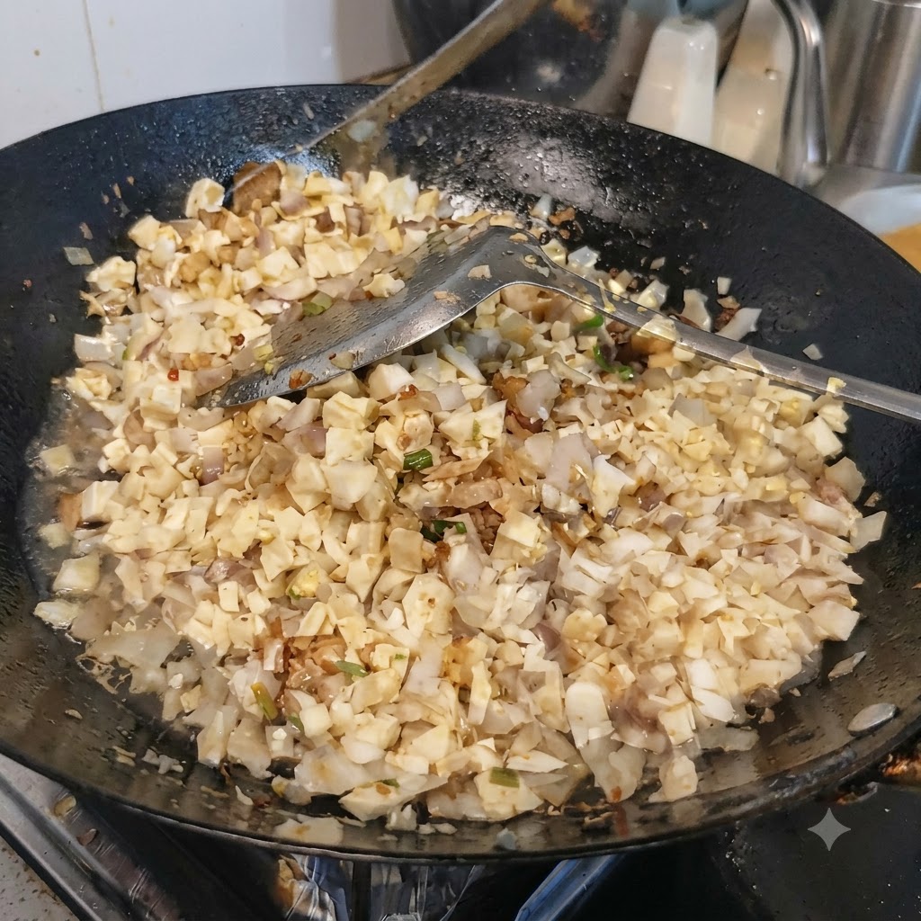 中華鍋の中で炒められている豆腐とひらたけに塩を振っている様子。