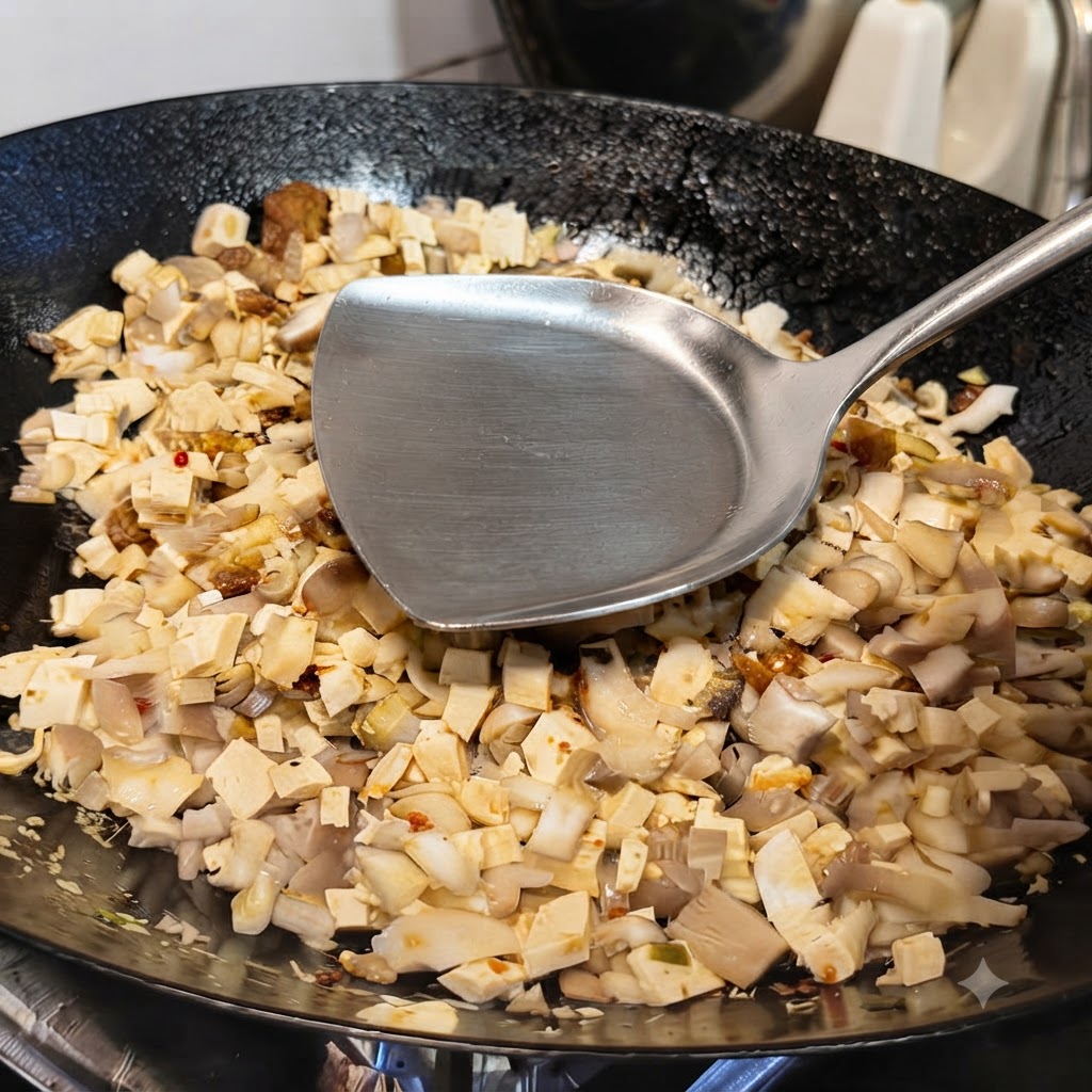 豆腐とひらたけの入った中華鍋に水を注ぎ入れている様子。