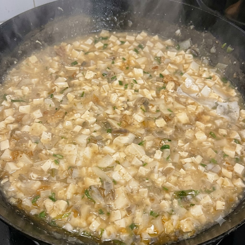 とろみをつけるため、沸騰しているスープに水溶き片栗粉を少しずつ回し入れている様子。