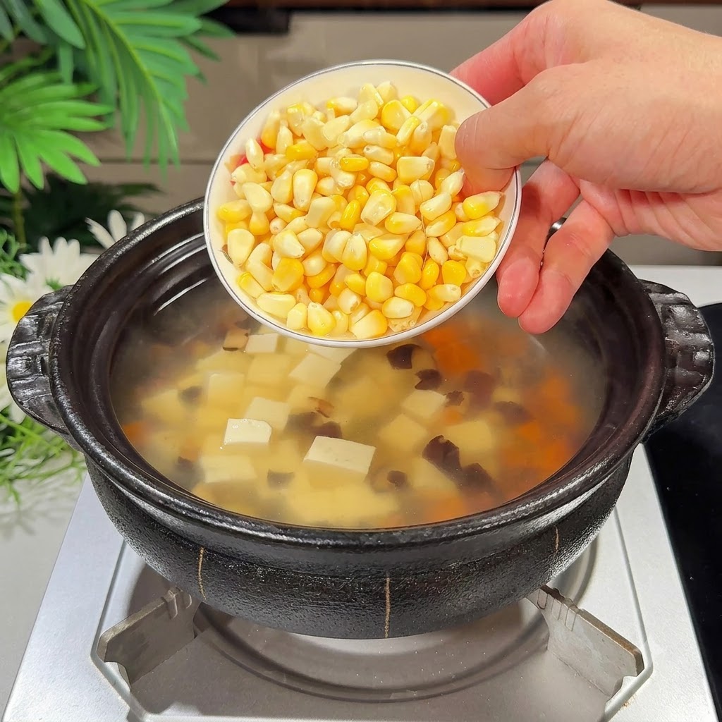 スープの鍋に新鮮なコーン粒の小鉢を投入している様子。cite: 1