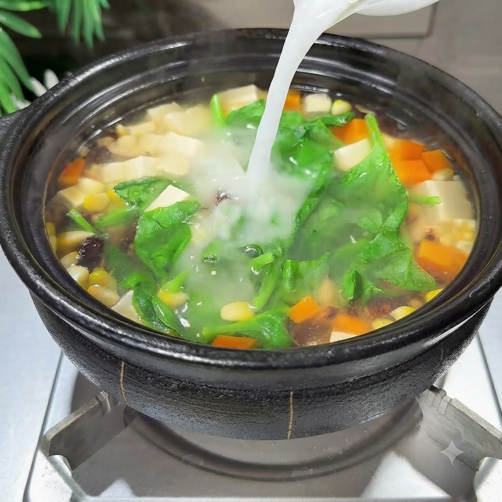 野菜や青菜の入った煮込み鍋に水溶きコーンスターチを回し入れている様子。cite: 1
