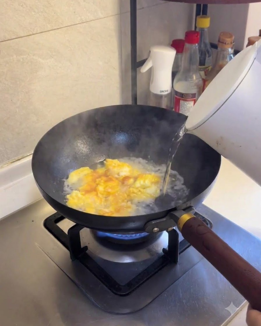崩した卵が入ったフライパンに熱湯を注ぎ込んでいる様子。