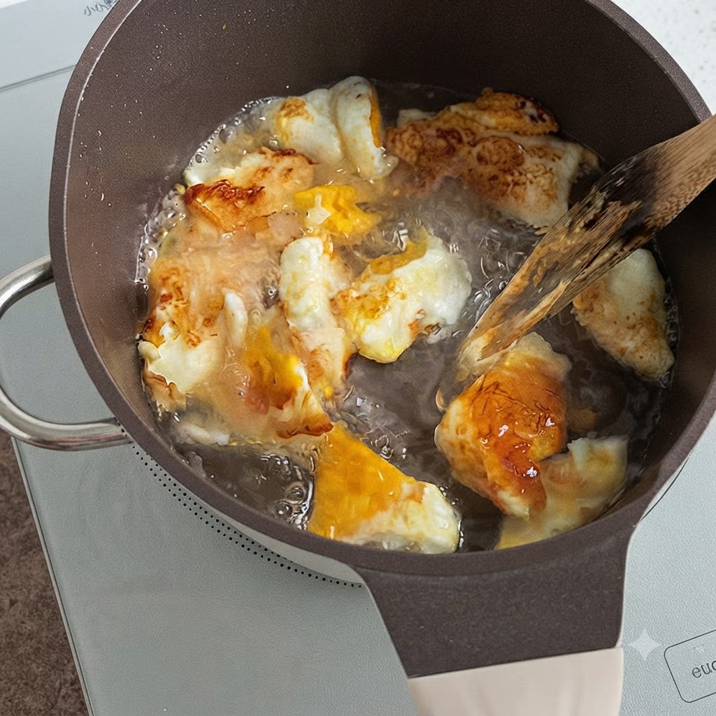 こんがり焼けた卵の入った鍋に熱湯を注ぎ、激しく沸騰させながら混ぜている様子