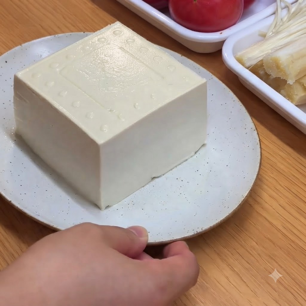 白いお皿の上で、1丁の絹ごし豆腐が小さな長方形のサイコロ状に包丁でスライスされている様子。