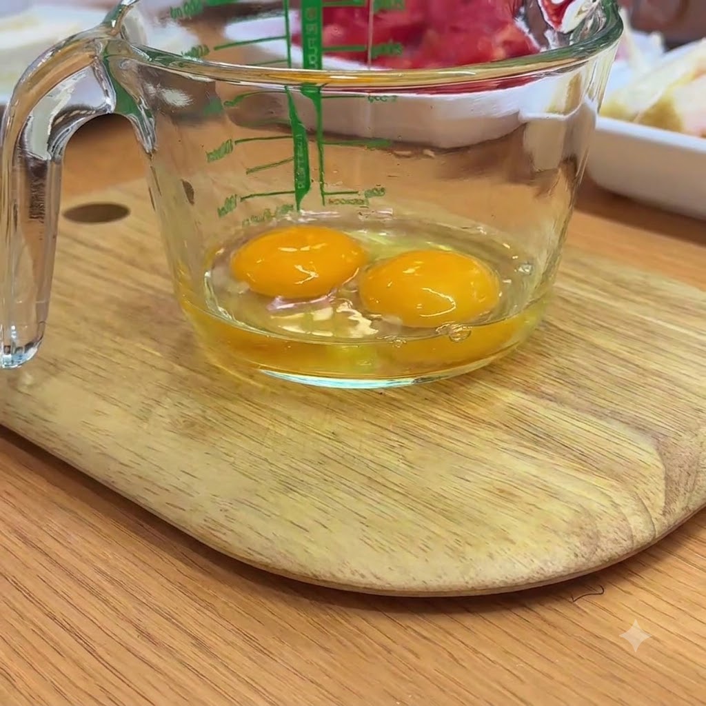 透明な計量カップに入った2個の生卵が、菜箸でしっかりと溶きほぐされている様子。
