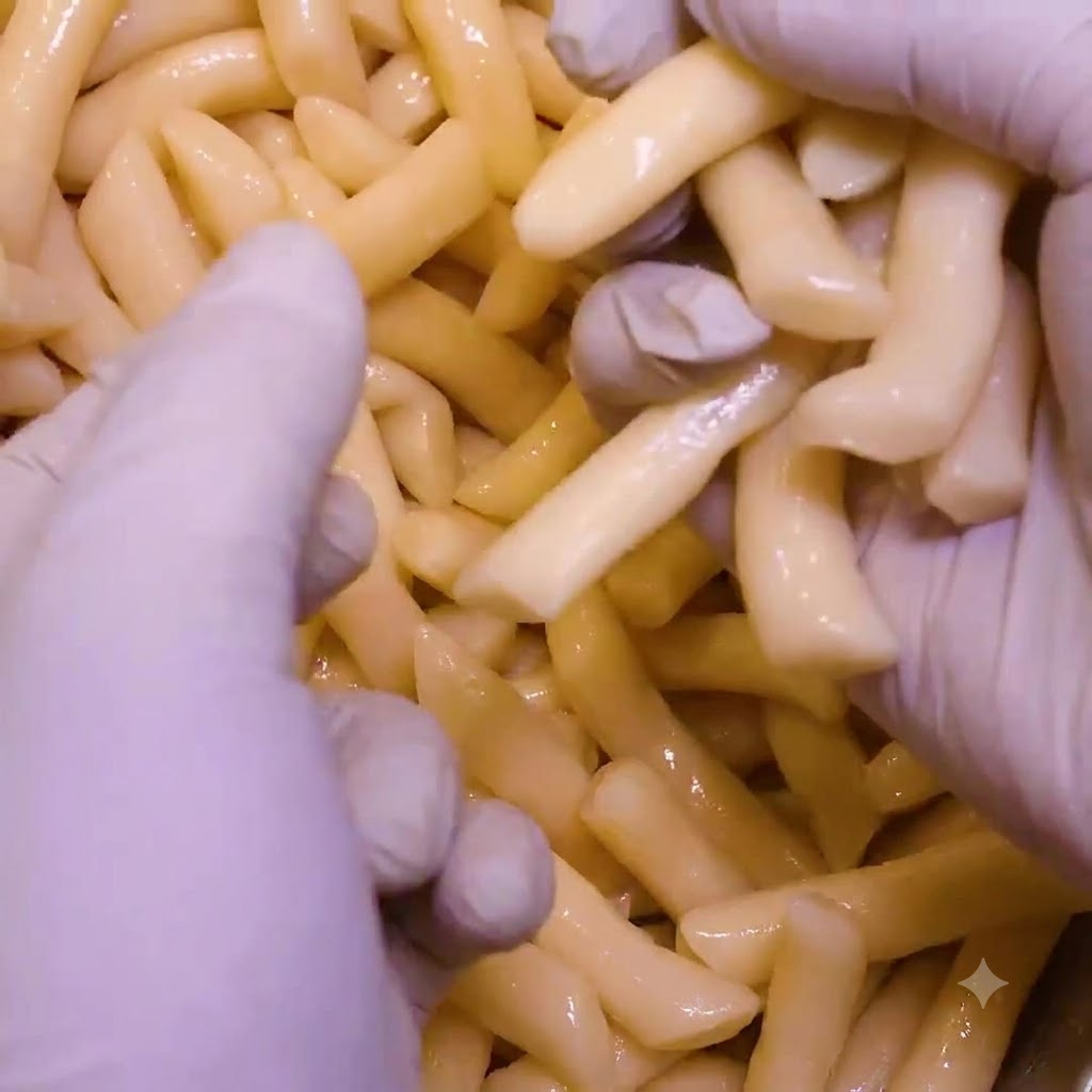 手袋を着用した手が、キャベツの層の上に生の手作りトッポギを並べている様子。