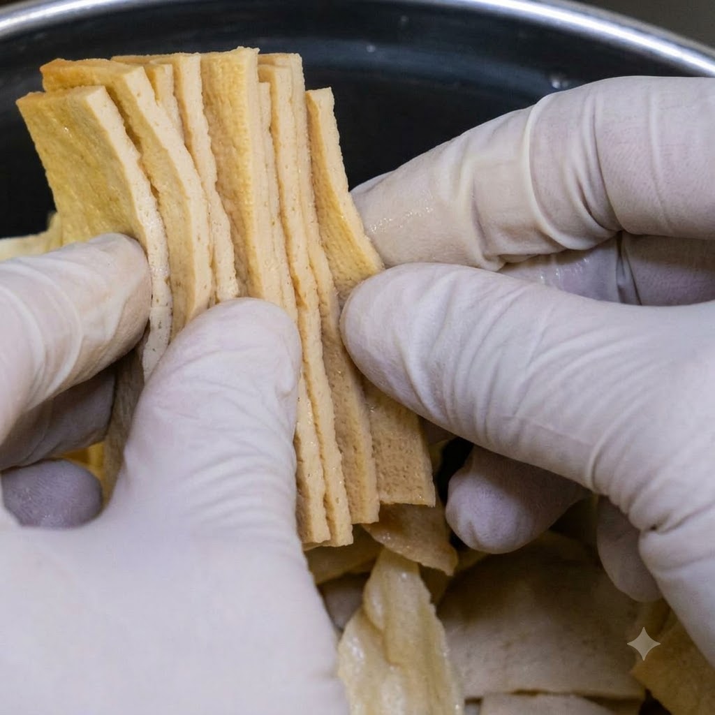 手袋をした手で、薄い長方形のスライス状のフィッシュケーキを保持して追加しているところ。