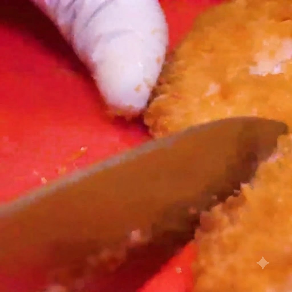 明るい赤色のまな板の上で、きつね色に揚がったチキンカツに包丁が入っているところ。