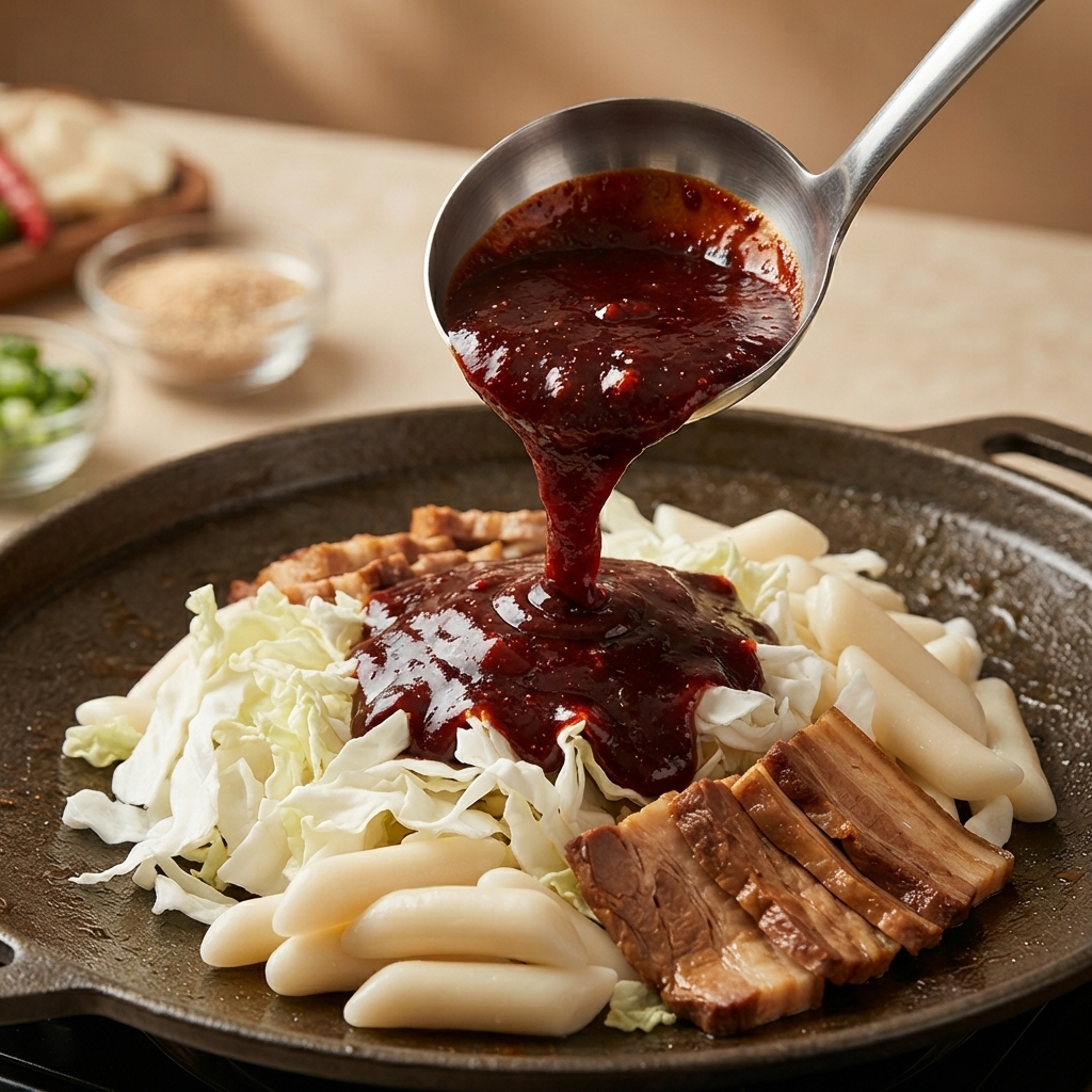 ホットポット鍋の中のキャベツ、白いトッポギ、スライス肉の上に、金属製のお玉から濃い赤色のスパイスソースが注がれているところ。