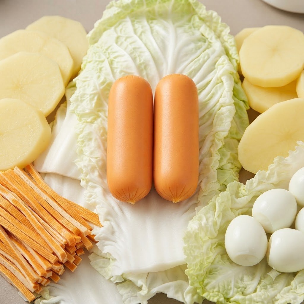 ソーセージ2本、うずらの卵、スライスされたじゃがいも、押し豆腐の細切り、キャベツの葉など、生のホットポット用具材の盛り合わせ。