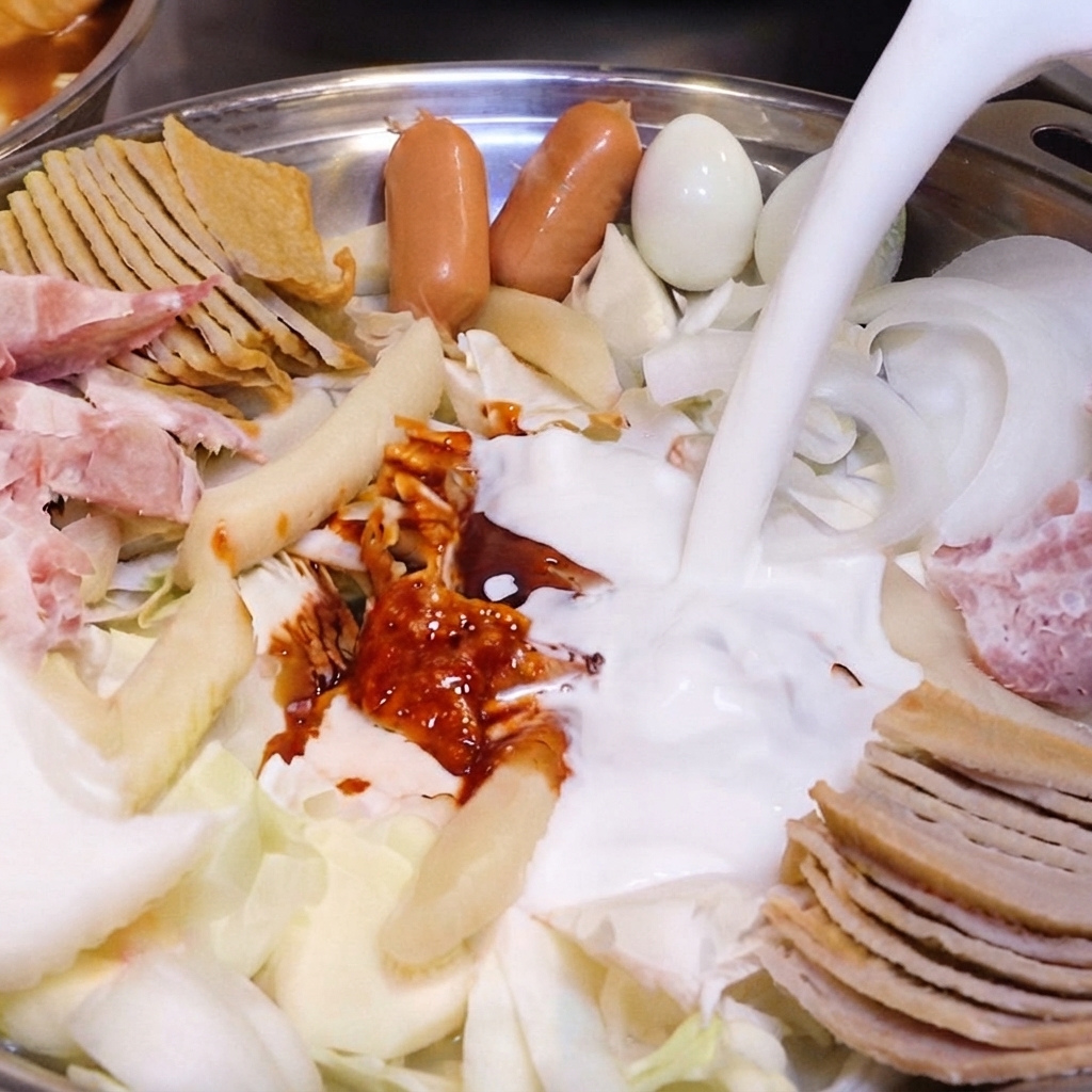 さまざまな具材、ピリ辛ソース、スライスした玉ねぎが入ったホットポット鍋に、ピッチャーから白いフレッシュミルクが注がれているところ。