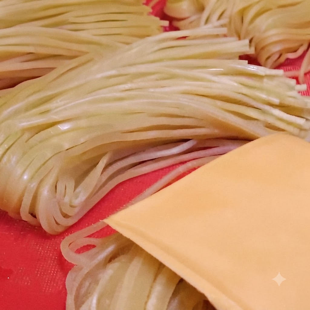 赤い表面の上で、調理されたイタリアン麺の上に重ねられた黄色いスライスチーズ。