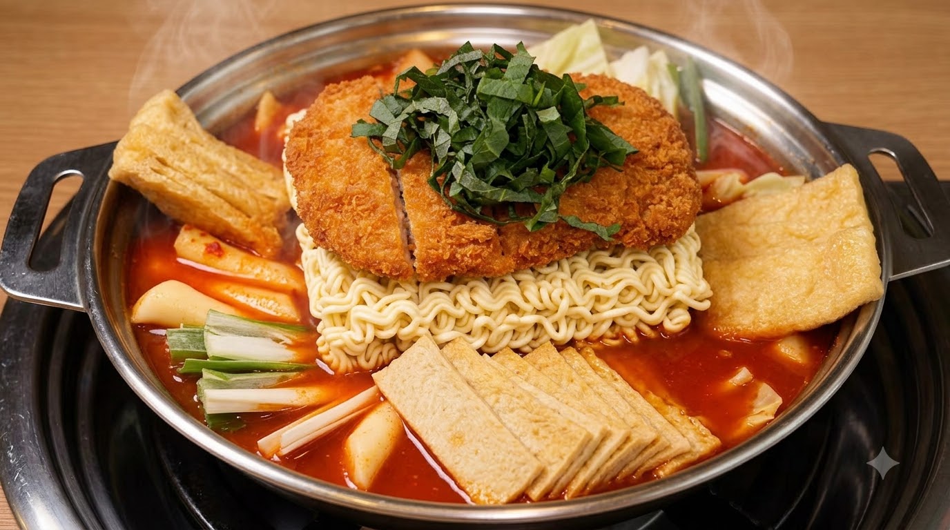 金属製の鍋に盛られた部隊チゲ風トッポギホットポット。麺の上にサクサクの黄金色のチキンカツがのせられ、ハーブや色鮮やかな具材が周囲を彩る様子。