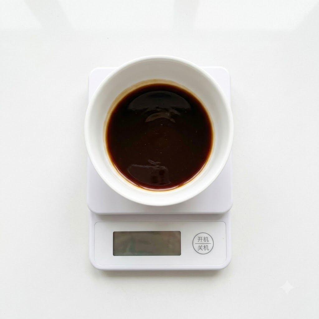 濃いソースの混ざった液体に水が加えられた、デジタルスケール上の白いボウル。