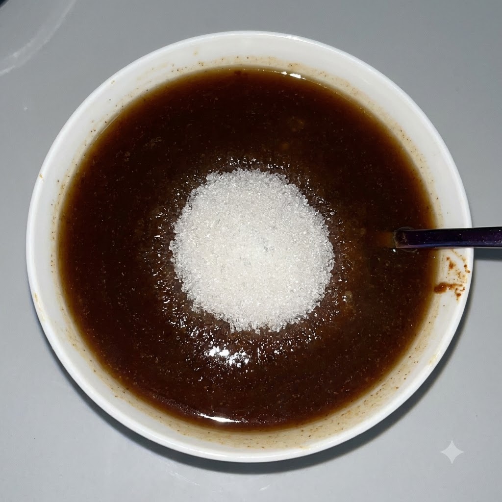 白いボウルに入った濃い茶色のソースの上に、白いグラニュー糖が乗っている様子。