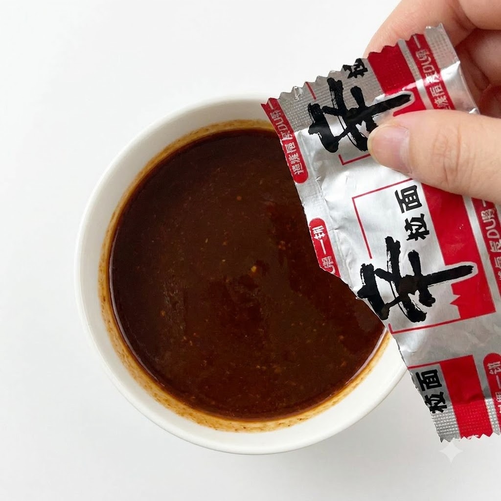準備したソースのボウルに、赤と銀色の辛口ラーメンの粉末スープを開けて注ぎ入れている手。