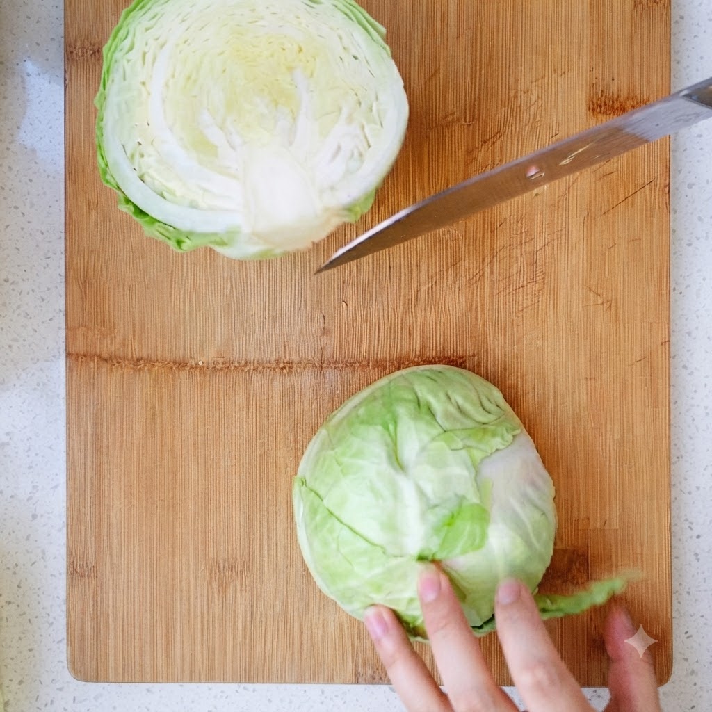 木製のまな板の上で包丁を使ってキャベツを大きくざく切りにしている様子。
