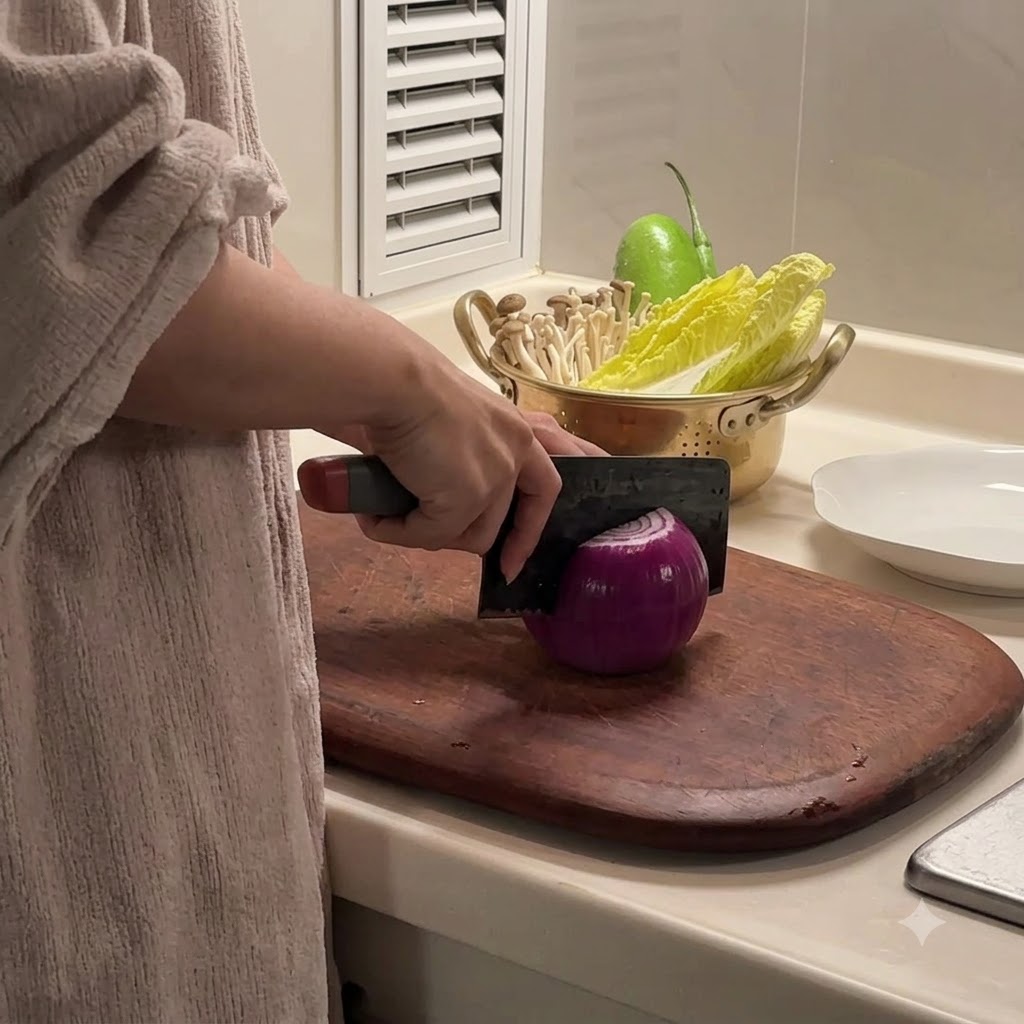 木製のまな板の上で、包丁を使って赤玉ねぎをスライスしている手。