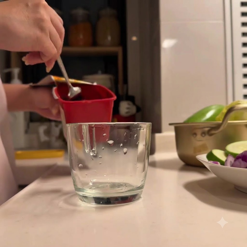 透明なカップの中にコチュジャンなどの調味料をすくい入れている様子。