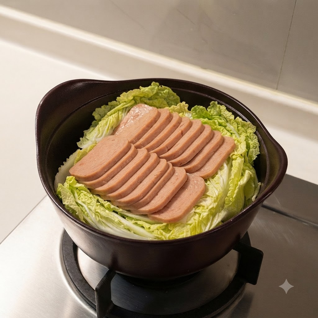 調理鍋の中の白菜の上に、スライスしたランチョンミートがきれいに並べられている様子。