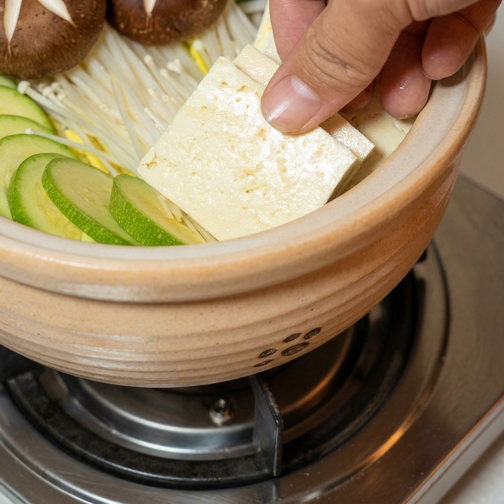 木綿豆腐のスライスを調理鍋の中に並べている様子。