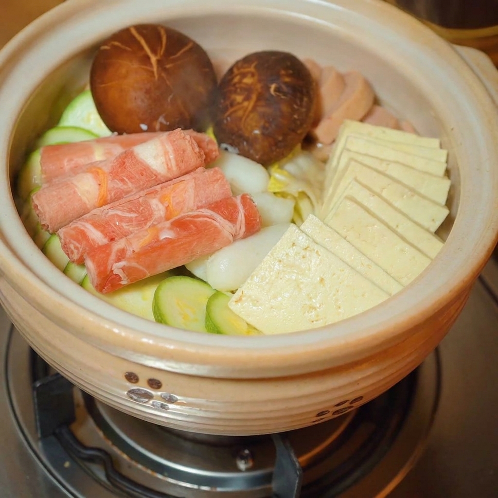 ロール状の牛薄切り肉を他の食材と一緒に鍋に入れている様子。