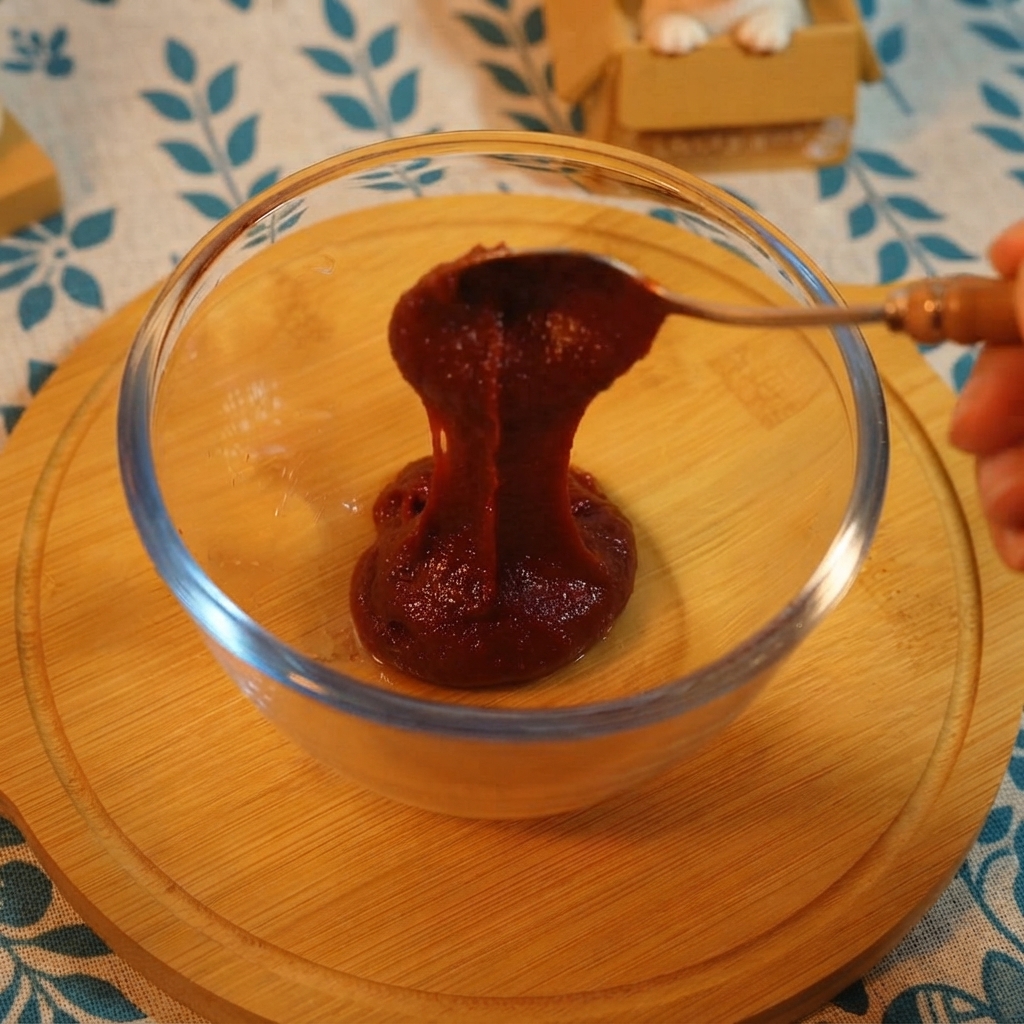 ガラスボウルの中でコチュジャン、ケチャップ、塩、薄口醤油、炭酸飲料を混ぜ合わせている様子。