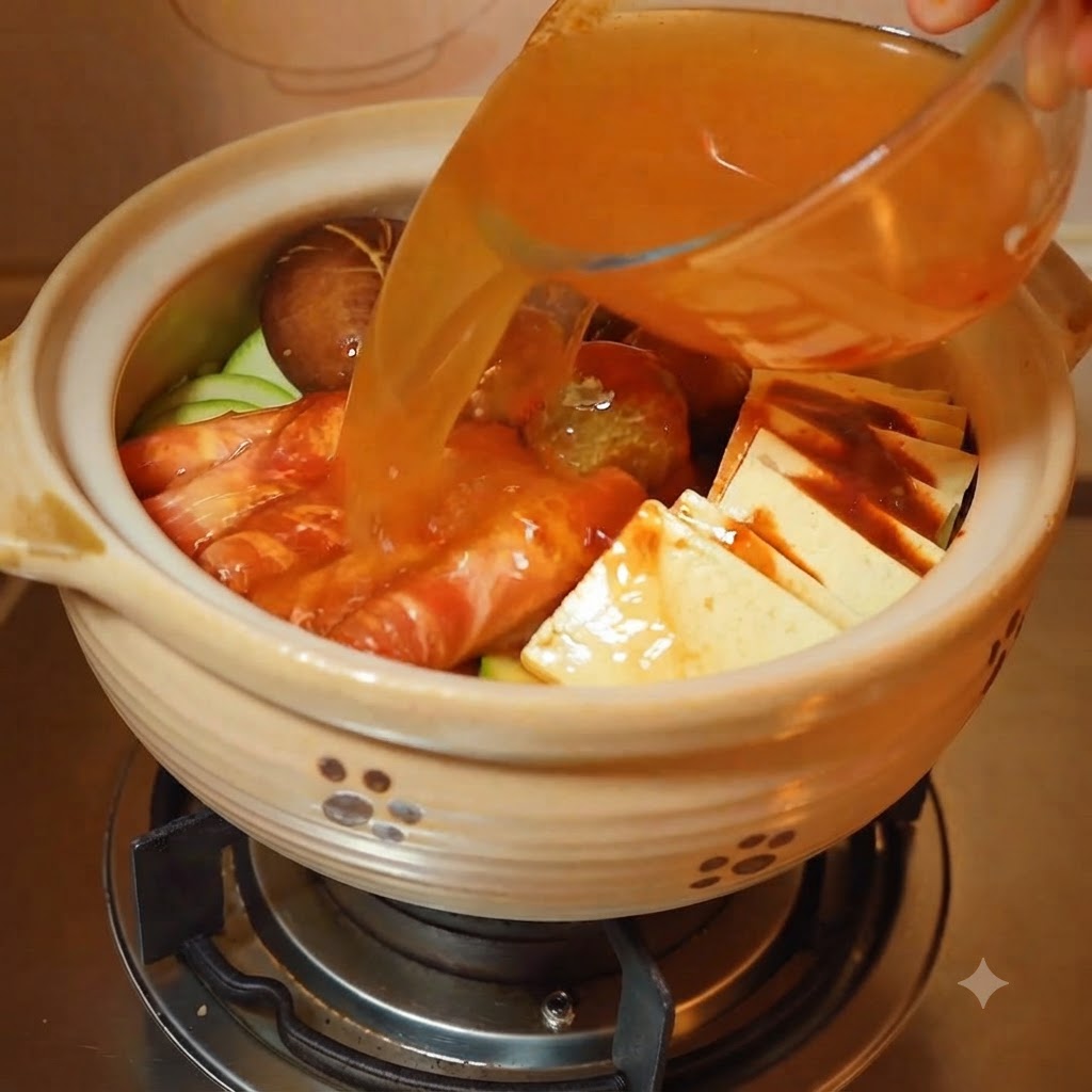具材とタレが入った鍋に水を注いでいる様子。
