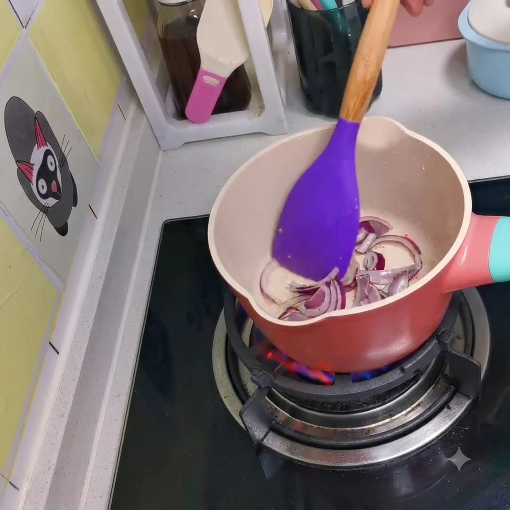 小さなピンク色の鍋でスライスした赤玉ねぎがコンロの上で軽く炒められている様子。