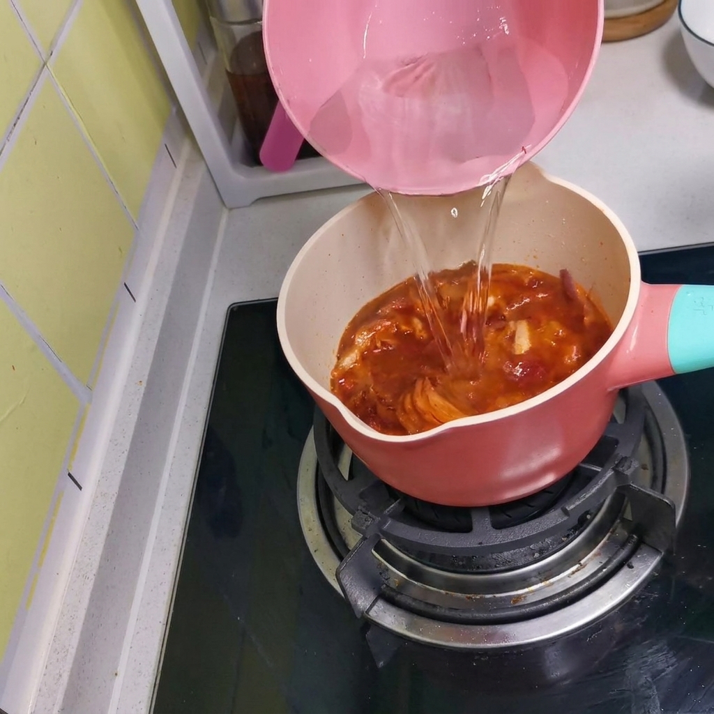 ピンク色のピッチャーからお湯が鍋に注がれ、スープのベースが作られている様子。