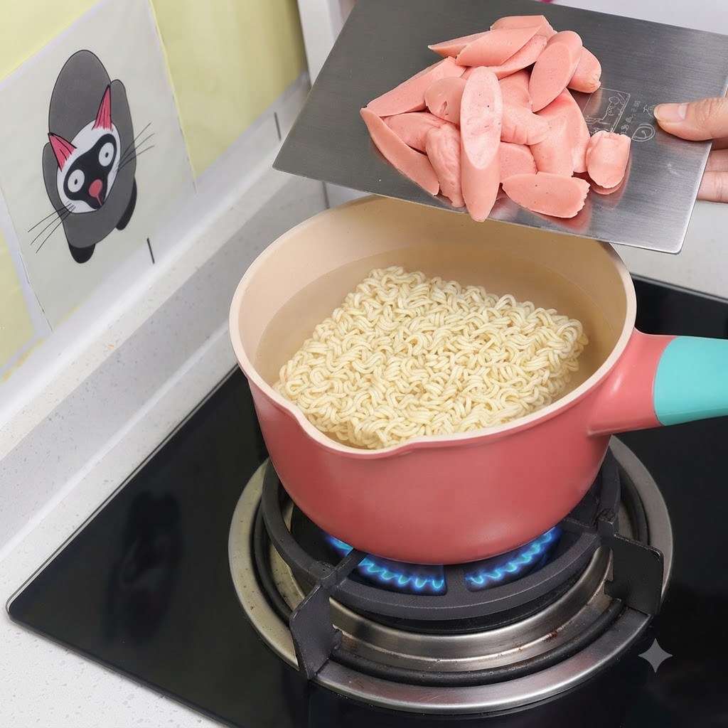 金属製のトレイからスライスされたピンク色のソーセージが、麺とスープの入ったピンク色の鍋に滑り込ませられている様子。
