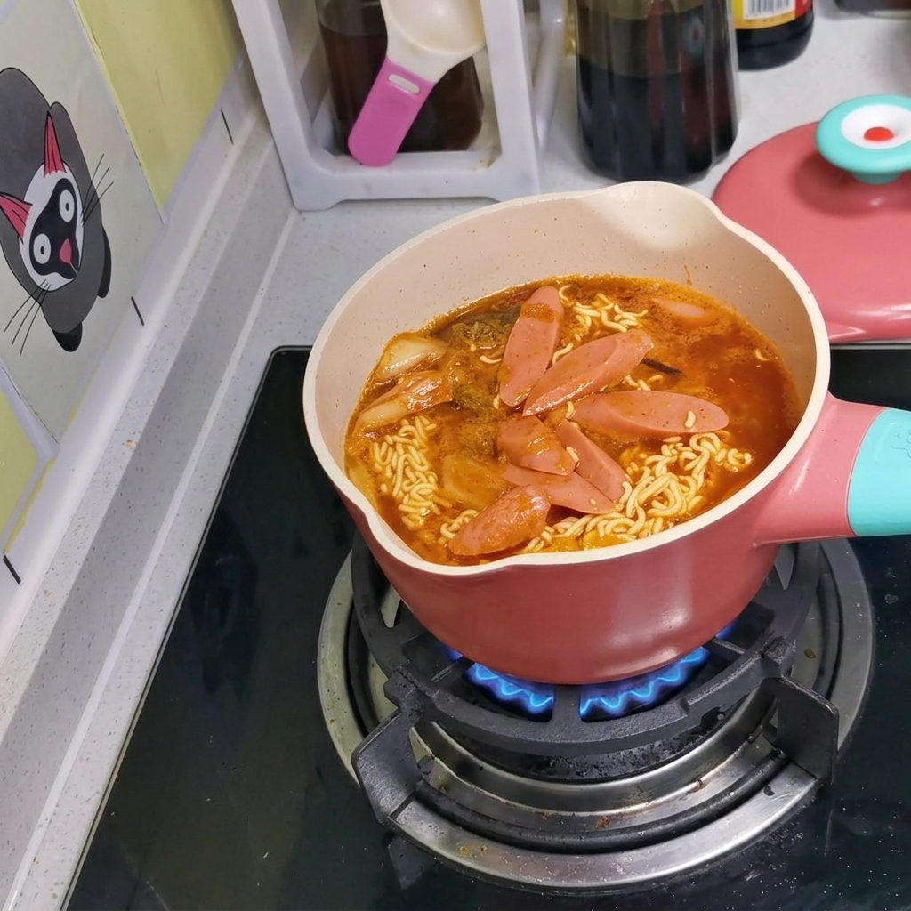 調理中の鍋の中で、麺、スープ、ソーセージのスライスの上にシュレッドチーズが散りばめられている様子。