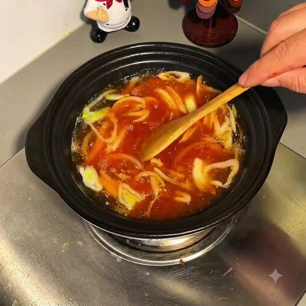 青ネギと溶かしたタレが入った沸騰したスープを、木製の調理器具でかき混ぜている様子。