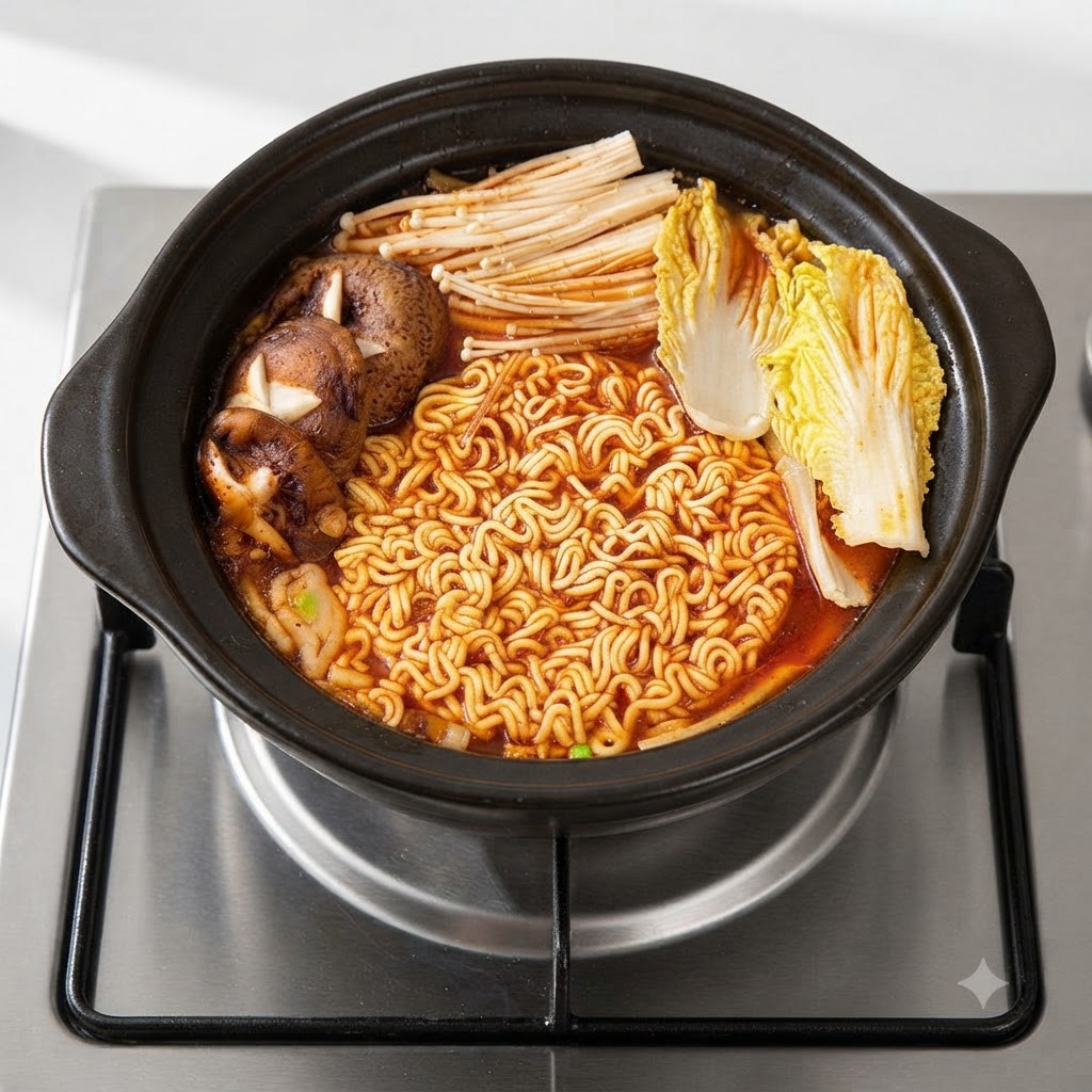赤いスープの中で、ラーメン、えのき茸、しいたけ、白菜がグツグツと煮えている鍋の様子。