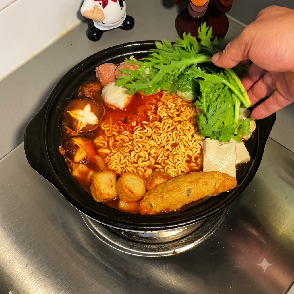 黒い鍋の中の沸騰した赤いヌードルシチューに、新鮮な葉物野菜を手で加えている様子。