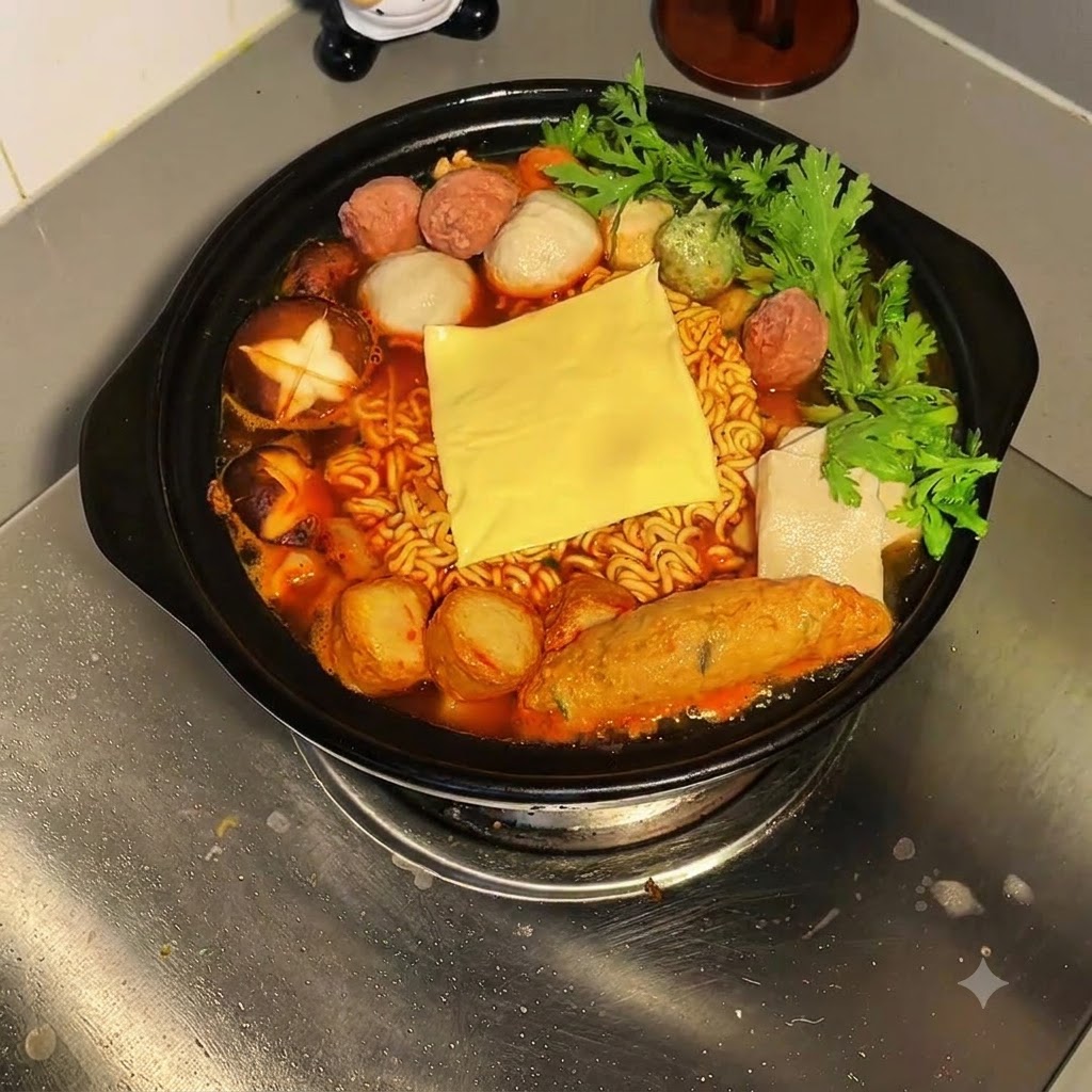 魚団子、キノコ類、野菜が入ったグツグツ煮えるヌードルシチューの中央に、黄色いスライスチーズが乗っている様子。