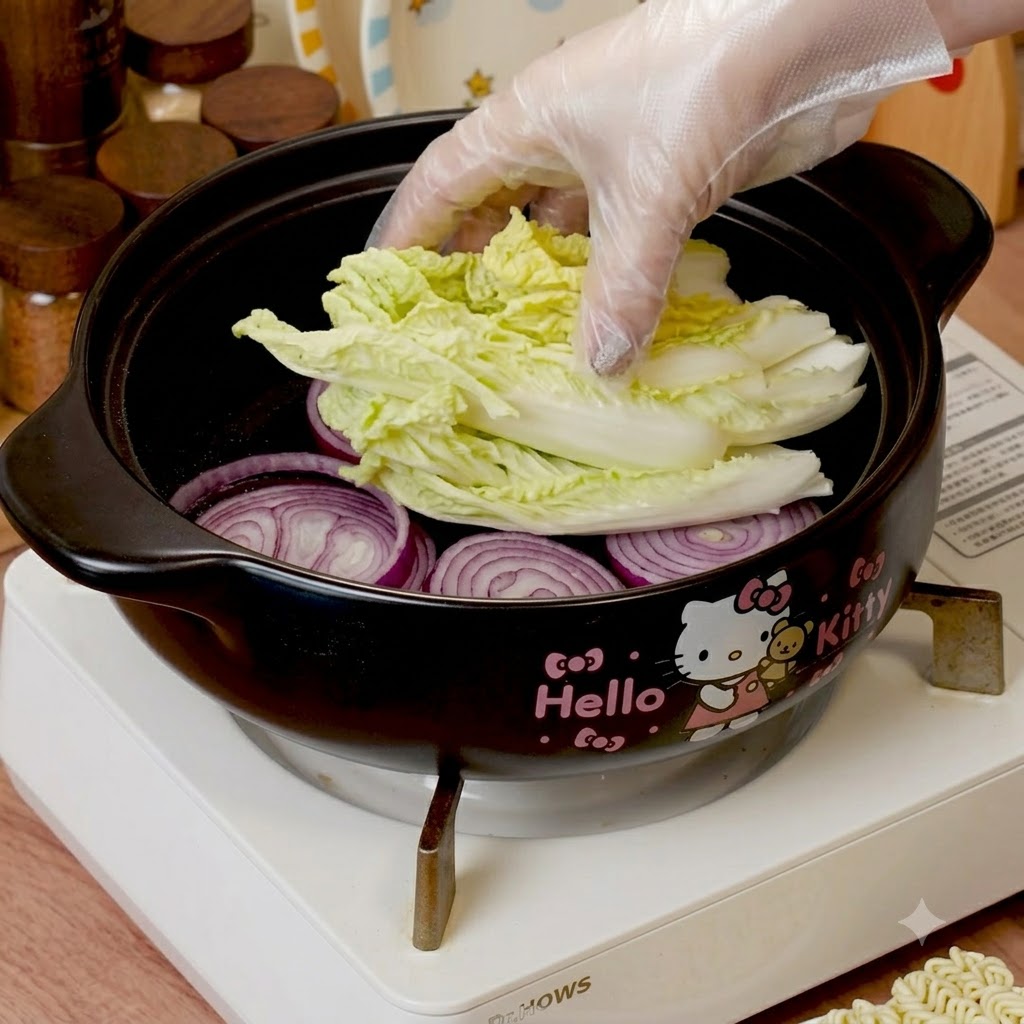 赤玉ねぎを敷いた鍋の中に、白菜、エノキタケ、ズッキーニ、豆腐、魚肉練り製品、カニカマ、トックがきれいに並べられている様子cite: 1。