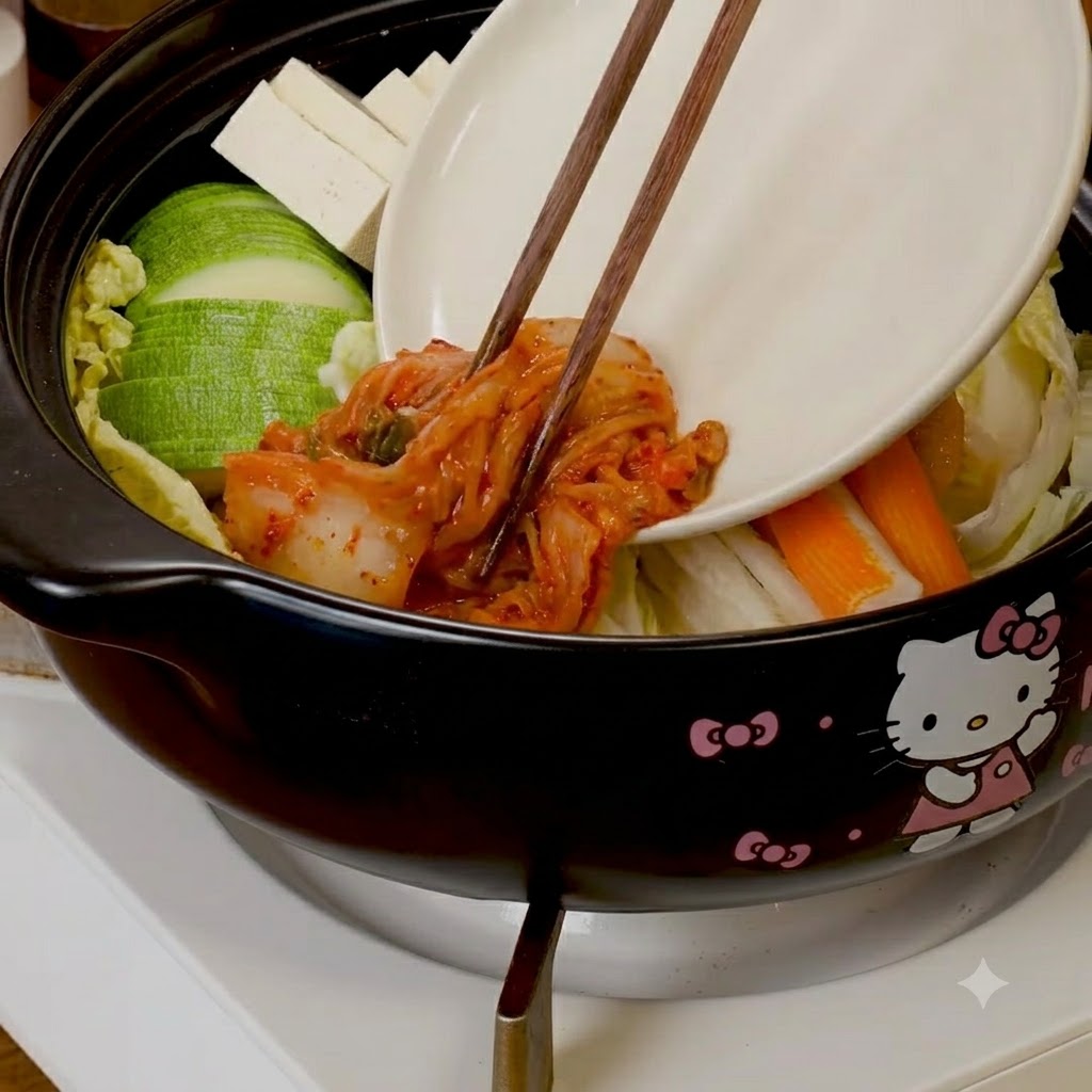箸を使って、鍋に並べられた具材の上にキムチとスライスした牛肉を盛り付けている様子cite: 1。