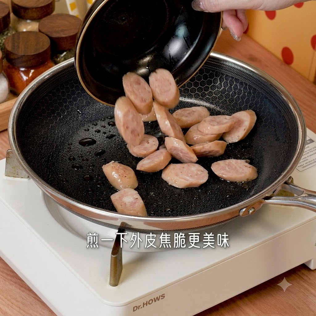 熱したフライパンにソーセージのスライスを入れて、こんがりと炒めている様子cite: 1。