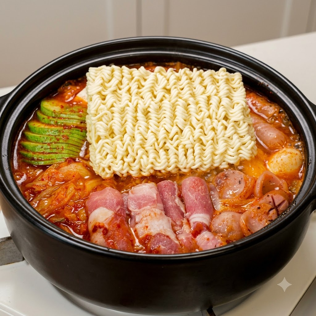 野菜や肉と一緒にぐつぐつ煮える鍋の中に、インスタントラーメンのブロックを投入している様子cite: 1。